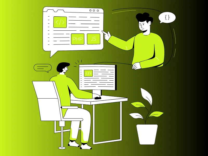 developer team working on multiple screens with HTMLCSS